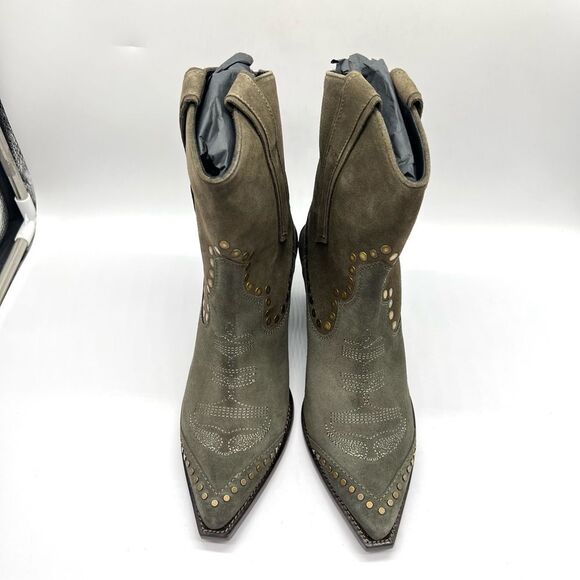 ZADIG & VOLTAIRE Womens 40 Cara Studded Western Boot Khaki Suede Leather Boots - Picture 4 of 16